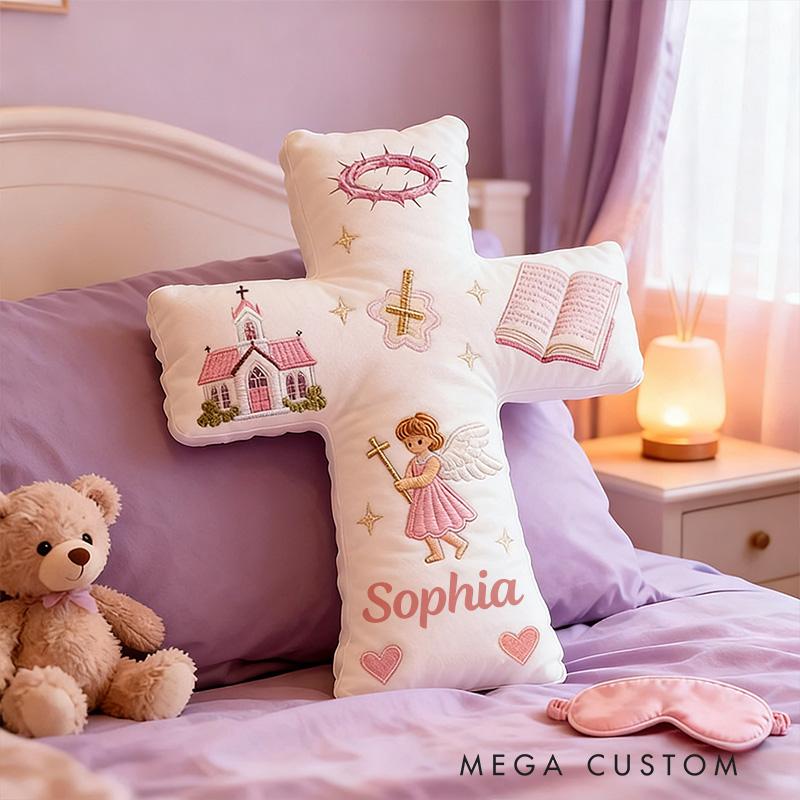 Personalized Little Angel Cross Pillow with Custom Name Graphic 3D Print Pillow Kid Room Decor Church Cross Angel Bible Religious Faith Gift for Her