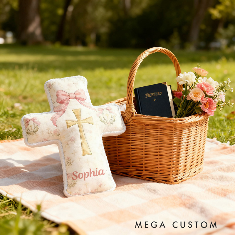 Personalized Bow Wreath Cross Pillow with Custom Name Graphic 3D Print Pillow Home Decor Christian Religious Gift for Kids Girls