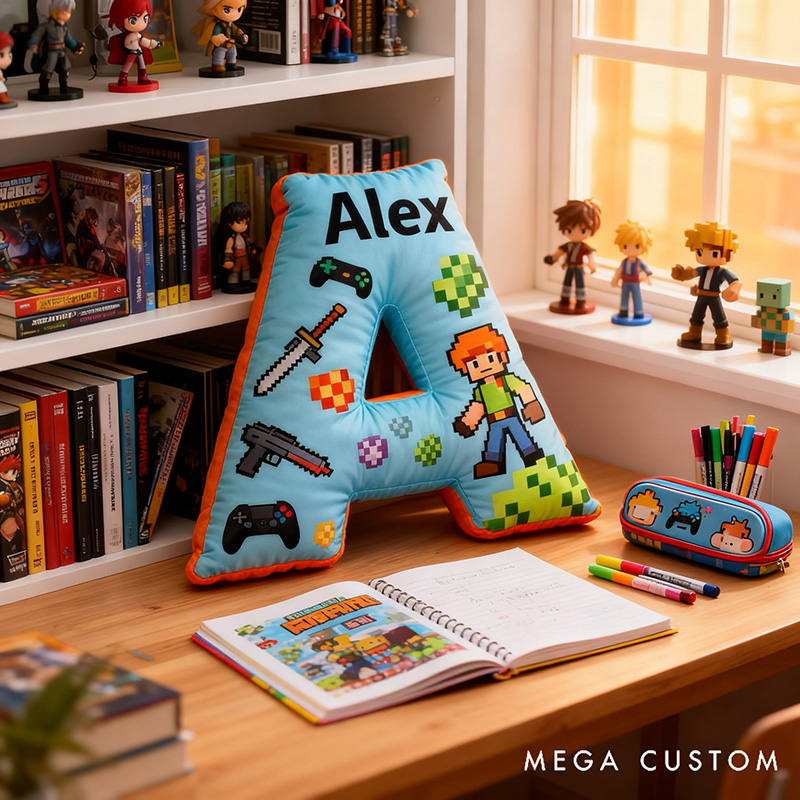 Personalized Game Controller Pixels Letter Pillow with Your Name Perfect Gift for Gamers and Kids
