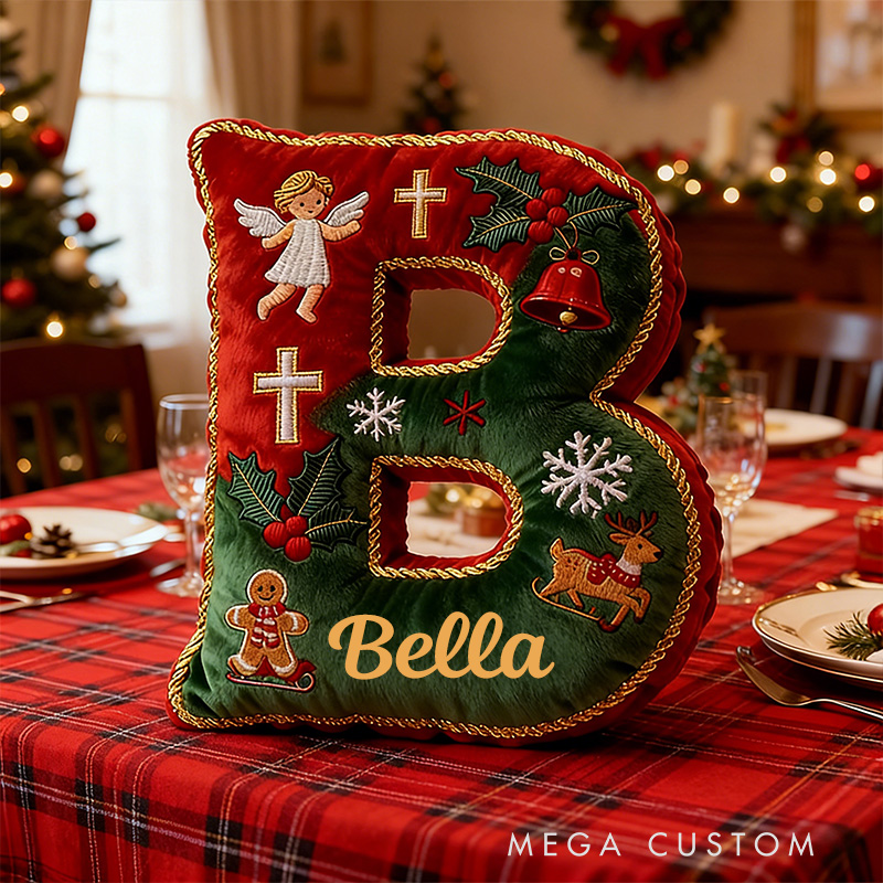 Personalized Christmas Letter Pillow with Custom Name Christmas Tree Angel Cross Bell Reindeer Festive Home Decor Graphic 3D Print Christian Gift