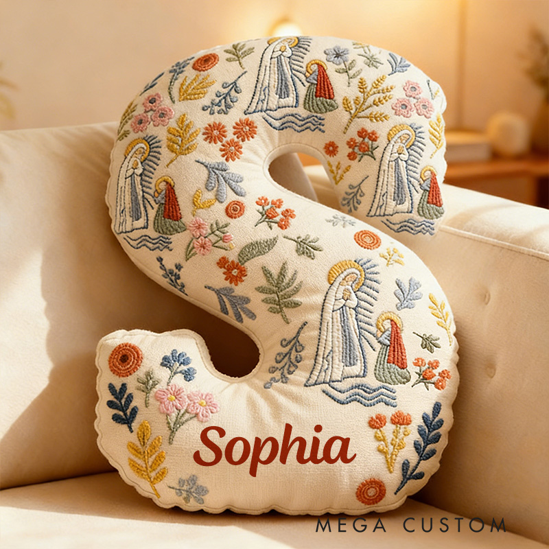 Personalized Our Lady of Lourdes Floral Graphic 3D Print Letter Pillow with Custom Name Religious Home Decor Catholic Gift for Women