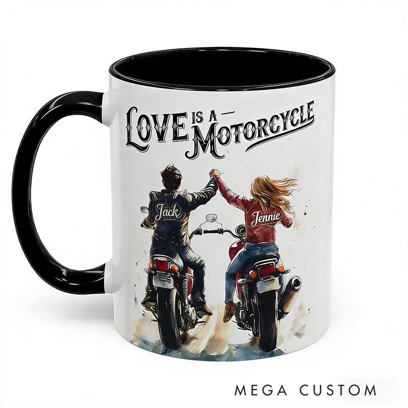Personalized Love is a Motorcycle Mug Custom Name Biker Couple Coffee Cup Watercolor Romantic Gift for Motorcycle Lovers