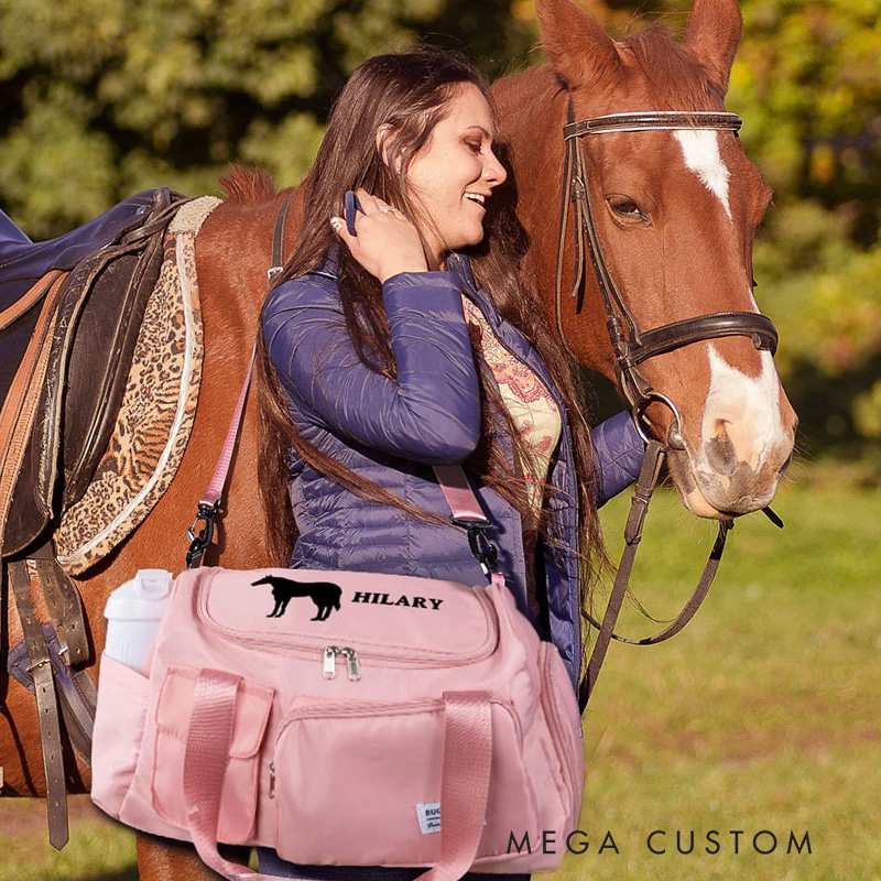 Personalized Horse Riding Duffle Bag Waterproof Equestrian Multi Compartment Travel Bag with Name and Shoulder Strap Travel Accessories Birthday Gift Overnight Bag Gift for Horse Lovers Riding Lovers Equestrian Lovers