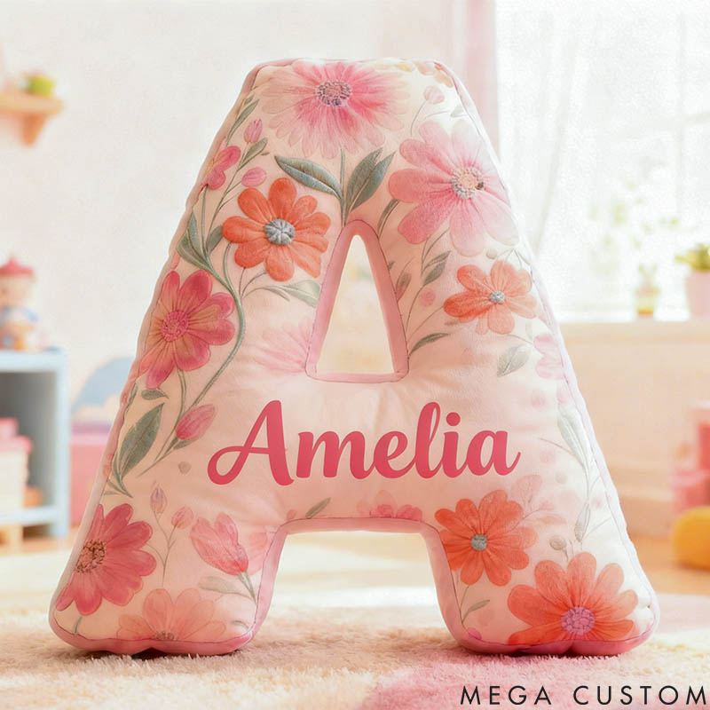 Personalized Flower Girl Pink Colorful Floral 26 Letters Pillow Custom Girl friend Graphic 3D Printed Cushion Christmas Valentine's Day Gift for Her