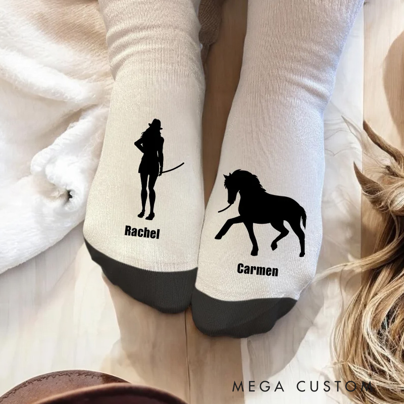 Personalized Horse Riding Socks Horse and Owner Silhouette Soft Midcalf Socks Custom Gift for Friend or Birthday Gifts for Rider Equestrian Riding Lovers