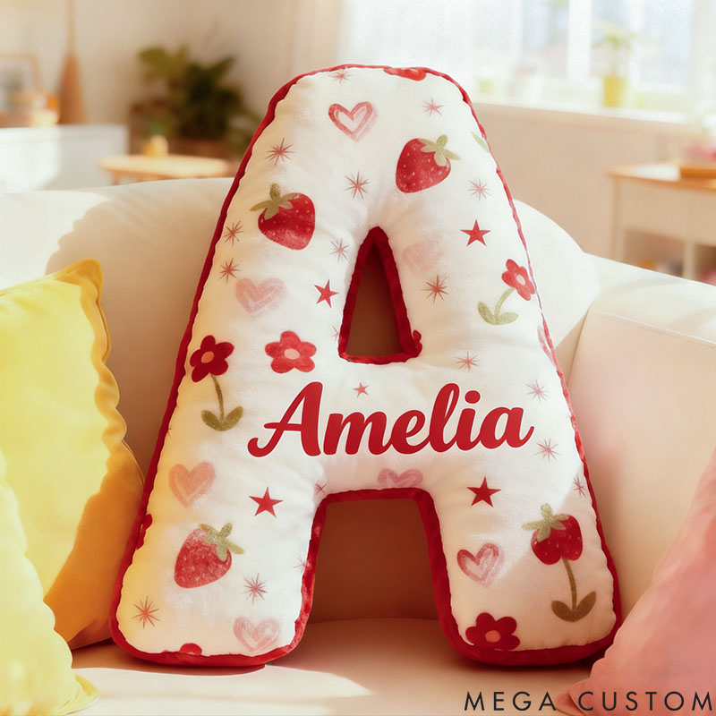 Personalized Flower Girl Floral Strawberry Heart Graphic 3D Printed Pillow Custom Girl friend Name Cushion Valentine's Day Gift Christmas Gift for Her