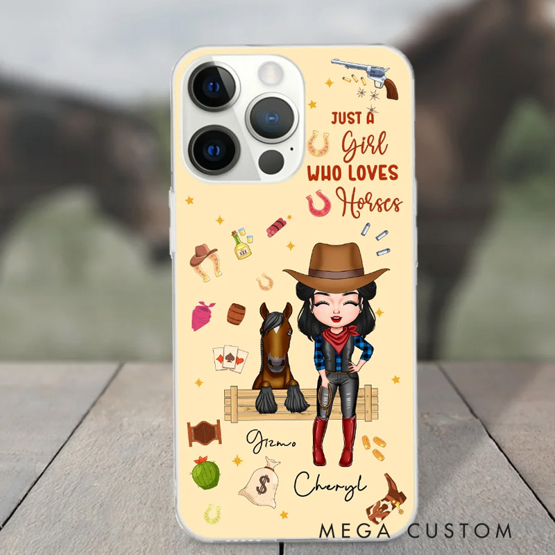 Personalized Cartoon Horse and Cowgirl Phone Case with Name Horse Racing Birthday Gift for Riding Lovers Equestrian Lovers Unique Style Phone Cases
