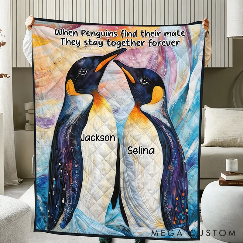 Personalized Penguin Couple Throw Blanket Custom Names Cozy Gifts for Couple for Wife Husband Valentine's Gifts for Girlfriend Boyfriend