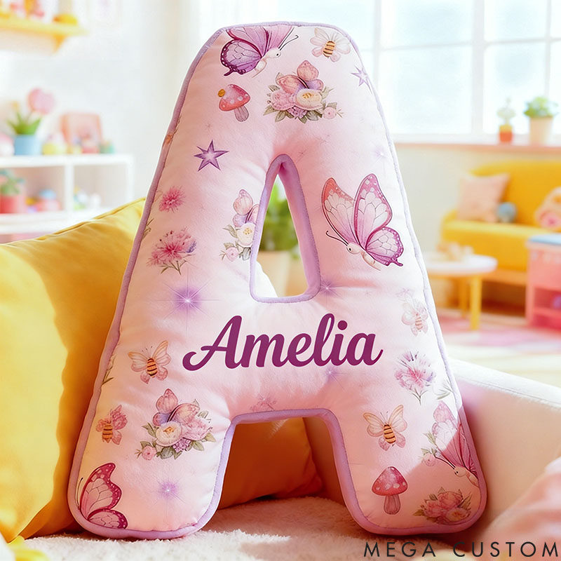 Personalized Flower Girl Purple Floral Butterfly Mushroom 26 Letters Pillow Girl friend Name Graphic 3D Printed Cushion Valentine's Day Gift for Her