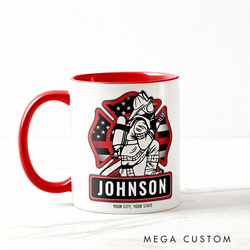 Personalized Firefighter Coffee Mug Custom Name and State Fire Dept Patriotic Flag Mug Gift for Firefighters