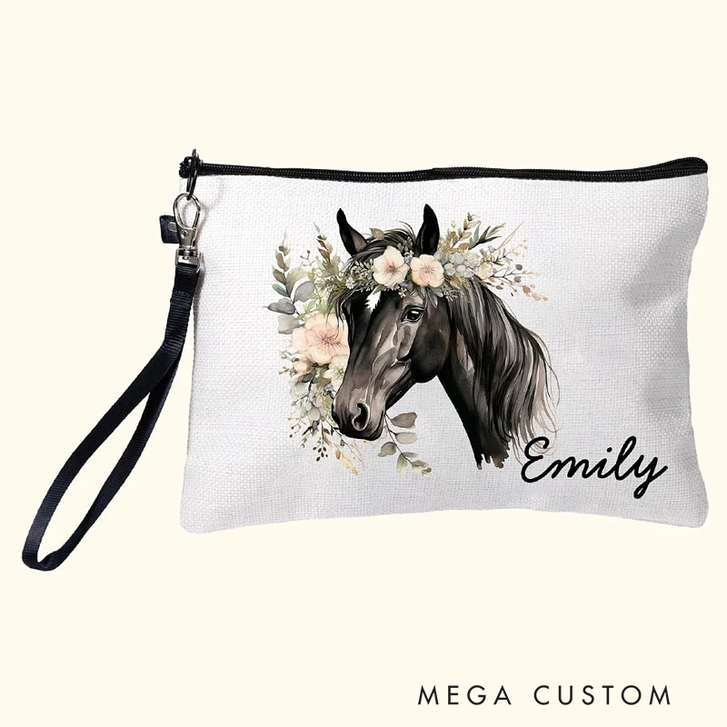 Personalized Watercolor Floral Horse Linen Wristlet Makeup Bag with Name Birthday Gift for Women Riding Lovers
