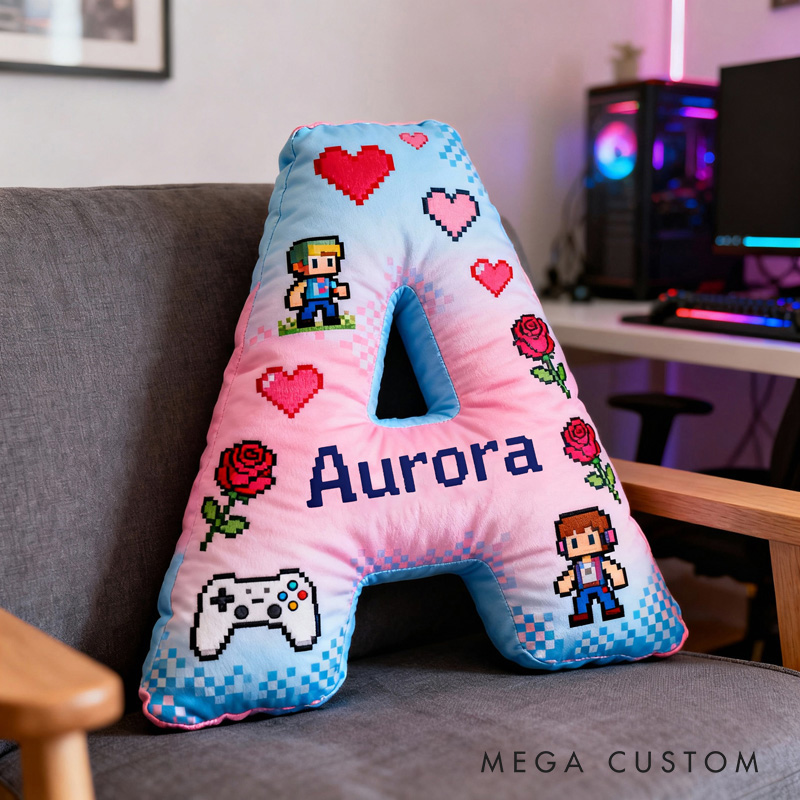 Personalized Game Controller Pixels Letter Pillow with Name Perfect Gift for Gamers and Kids for Valentine's Day Anniversary Confession birthday