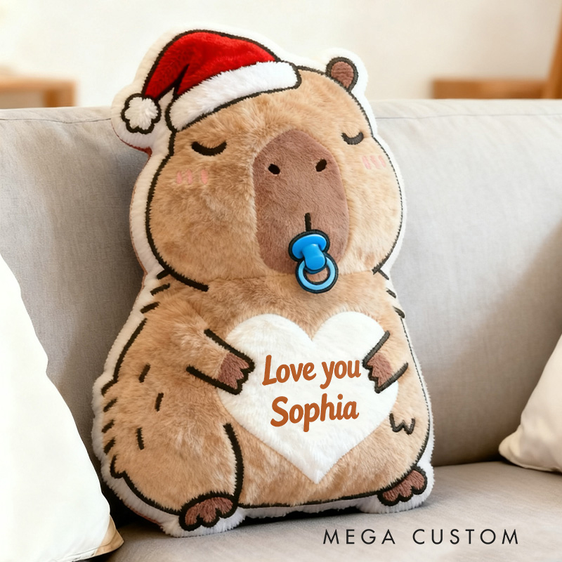 Personalized Christmas Kapibala Name Custom Kids Gift Cute Santa Hat Soft Cozy Holiday Love Decorative Graphic 3D Print Pillow