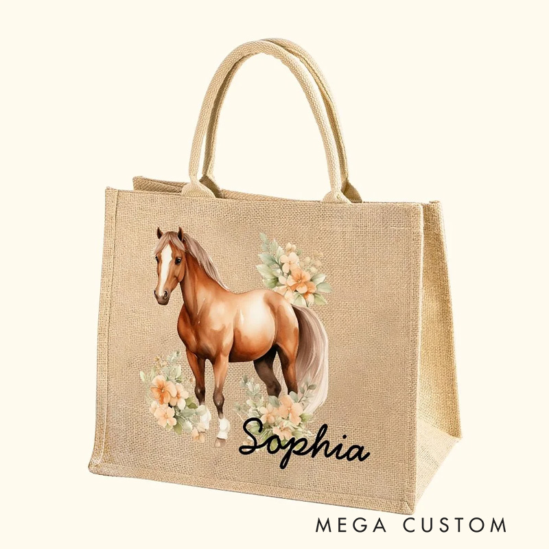 Personalized Floral Horse Reuseable Jute Tote Bag with Name Birthday Christmas Gift for Riding Lovers Equestrian Lovers