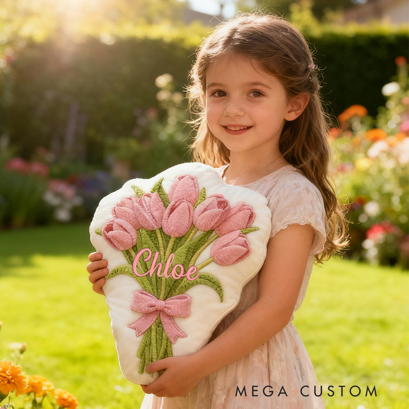 Personalized Pink Tulip Bouquet Custom Name Soft Decorative Gift Floral Spring Style Cozy Home Garden Fresh Lovely Elegant Bloom Magic Graphic 3D Print Pillow