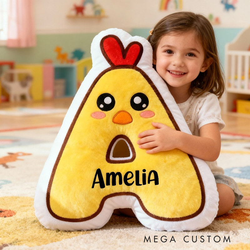 Personalized Chick Letter Name Custom Soft Decorative Gift Cute Animal Style Fun Yellow Cozy Playful Nursery Adorable Farm Cartoon Warm Plush Graphic 3D Print Pillow