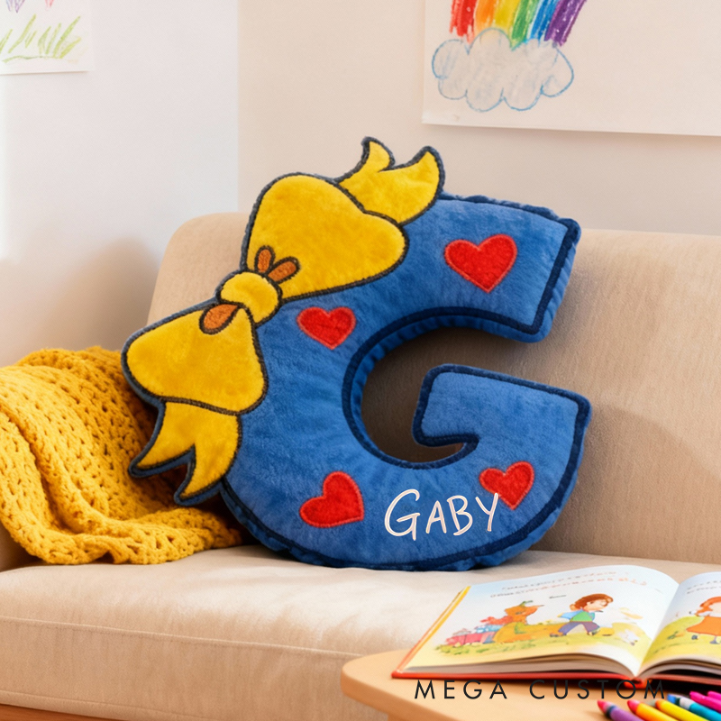 Personalized Letter Name Custom Soft Decorative Gift Blue Yellow Bow Style Cute Heart Cozy Fun Playful Lovely Kids Room Sweet Adorable Plush Decor Graphic 3D Print Pillow