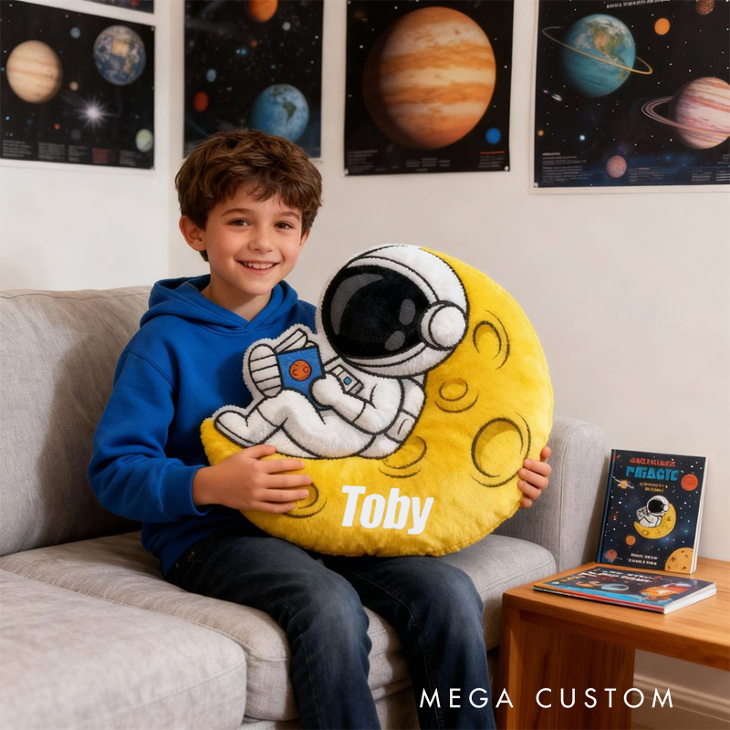 Personalized Astronaut Moon Name Custom Soft Decorative Gift Space Adventure Style Fun Playful Cozy Kid Room Dream Galaxy Rocket Star Planet Cosmic Graphic 3D Print Pillow
