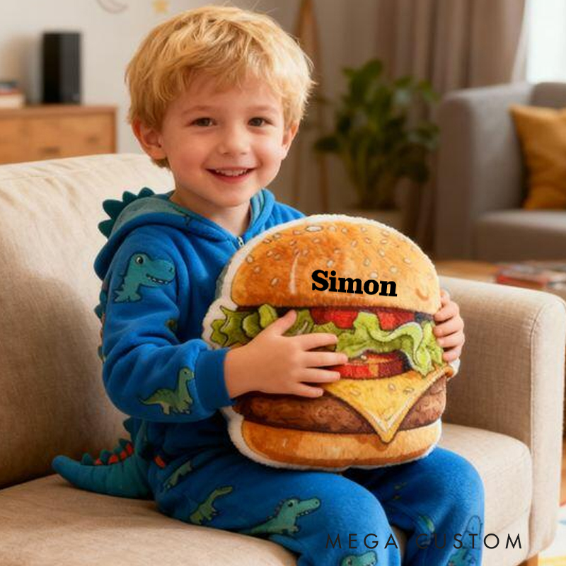 Personalized Burger French Fries Name Custom Soft Decorative Gift Tasty Fast Food Style Fun Snack Comfort Cozy Living Room Lovely Kitchen Playroom Funny Cheeseburger Graphic 3D Print Pillow