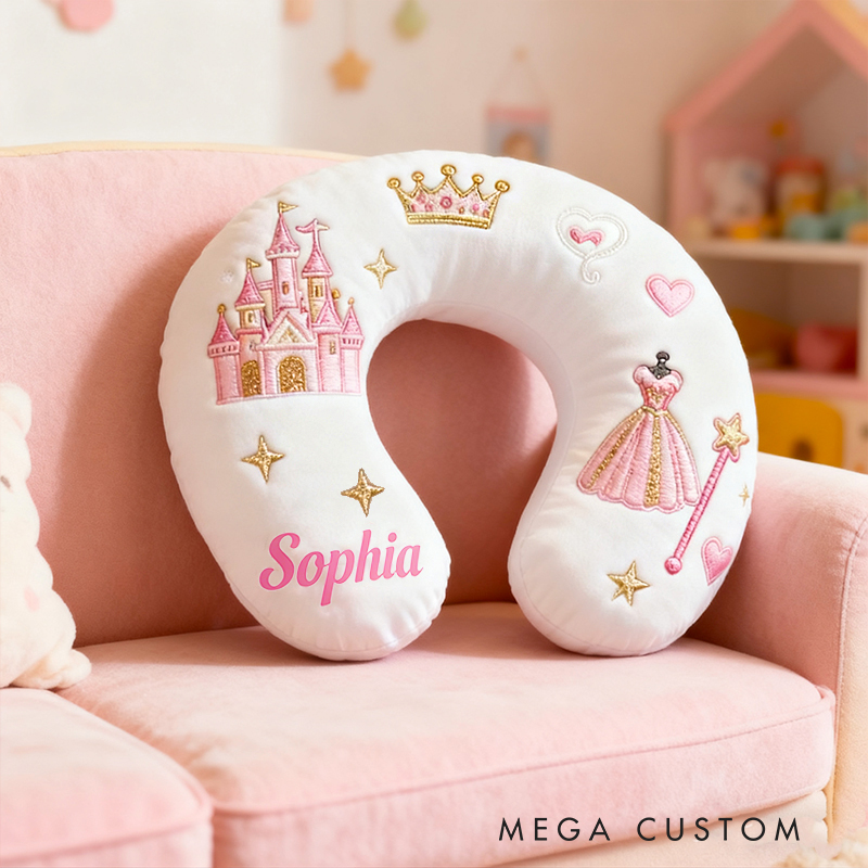 Personalized Princess Castle Crown Custom Name Soft Decorative Gift Fairytale Style Cozy Nursery Room Dream Pink Magic Comfort U-Shaped Pillow