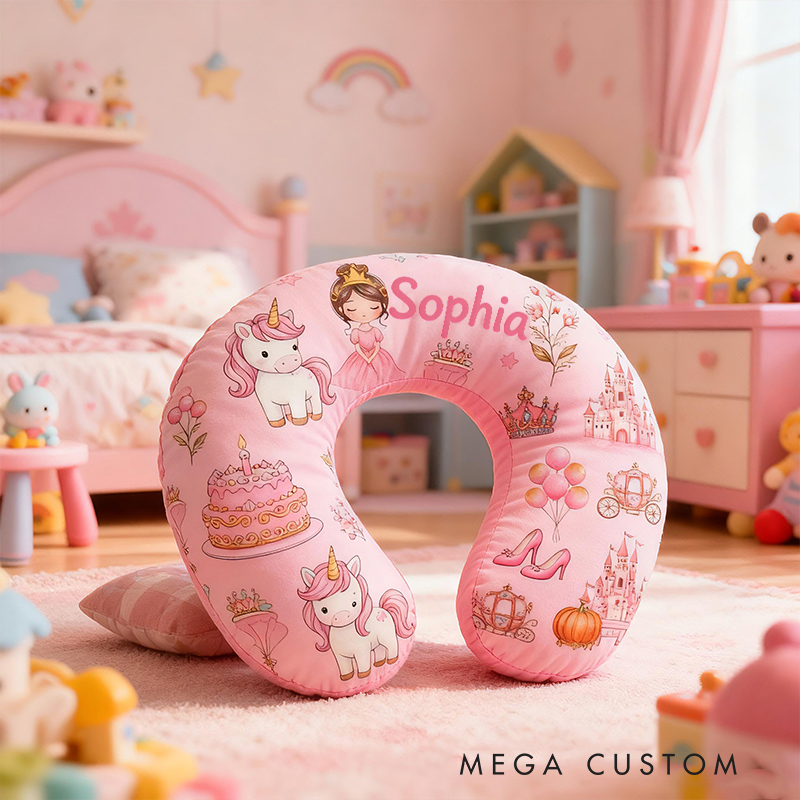 Personalized Princess Crown Custom Name Soft Travel Gift Fairytale Style Cozy Airplane Comfort Pink Magic Dream Cute U-Shaped Pillow