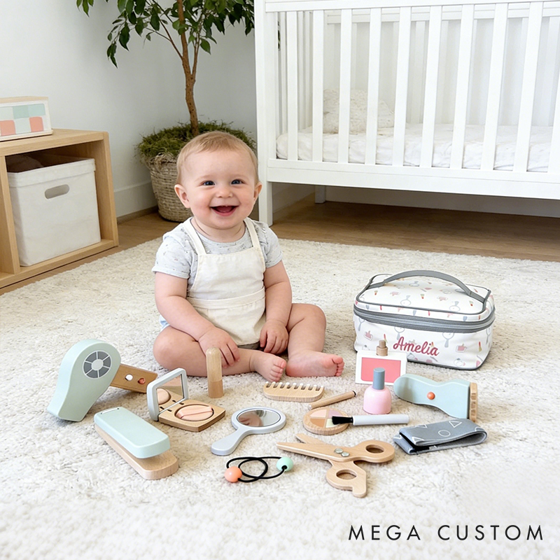 Personalized Wooden Kids Barber Role-Play Toy Set 16-Piece Pretend Salon Toy Customizable Name Gift for Babies & Toddlers