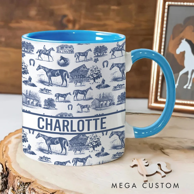 Personalized Multicolor Equestrianism Pattern Ceramic Coffee Mug with Text and Coaster Anniversary Birthday Gift for Equestrians Cowgirls Riding Lovers