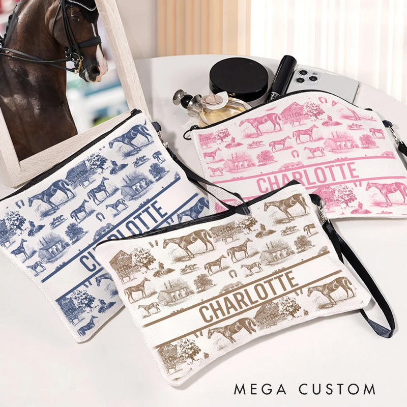 Personalized Equestrian Pattern Linen Makeup Bag with Name Birthday Gift for Women Riding Lovers