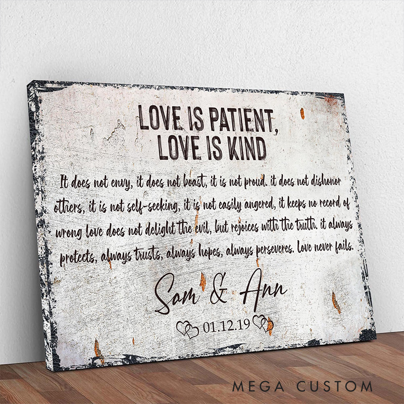Personalized Love is Patient Love is Kind Canvas Painting with Couple Names Date Religious Gift Wedding Anniversary Gift Valentine Gift for Couple