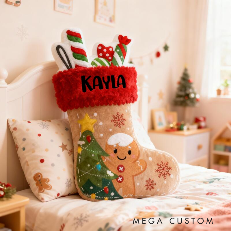 Personalized Cute Gingerbread Man Christmas Stocking with Name Graphic 3D Print Pillow Christmas Gift for Kids or Baby Birthday Gifts