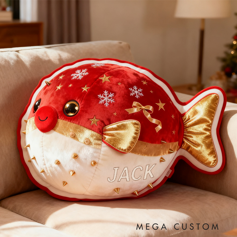 Personalized Christmas Red Pufferfish with Name Graphic 3D Print Pillow Christmas Gift for Kids Birthday Gift