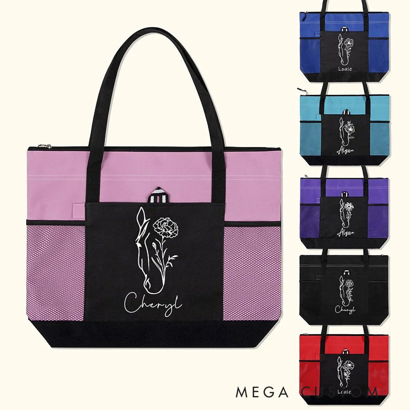 Personalized Horse Birth Flower Oxford Large Tote Bag with Name Travel Essentials Birthday Gift for Riding Lovers