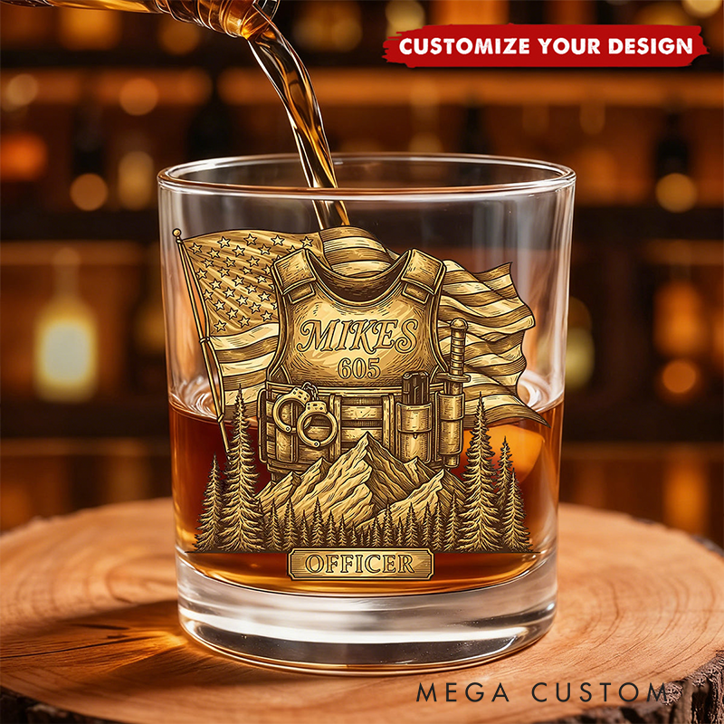 Personalized Police Officer Whiskey Glass and Decanter Set | Custom Name Badge & Gear Design Gift for Law Enforcement