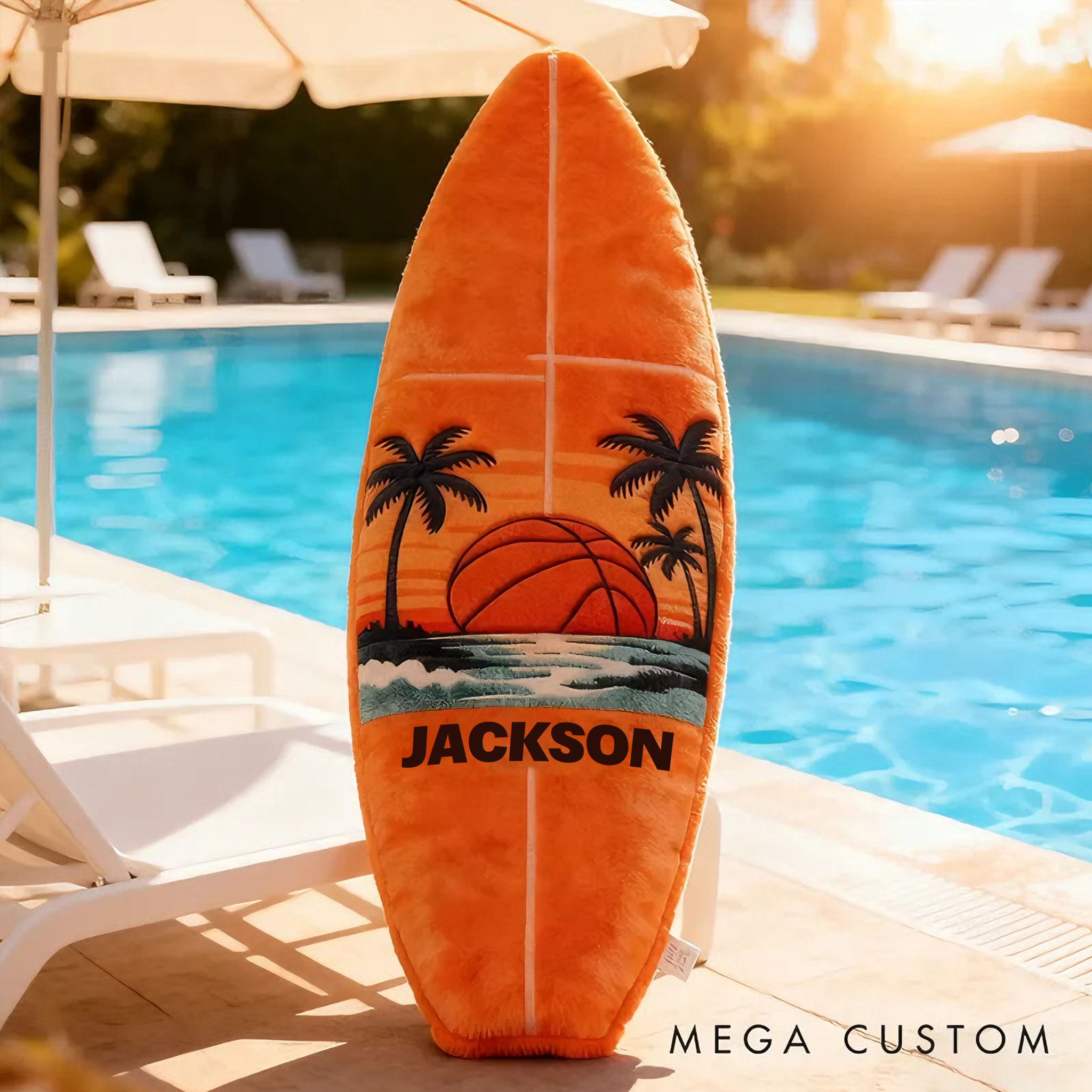 Personalized Surfboard Basketball Pillow with Custom Name for Beach Lovers and Basketball Lovers