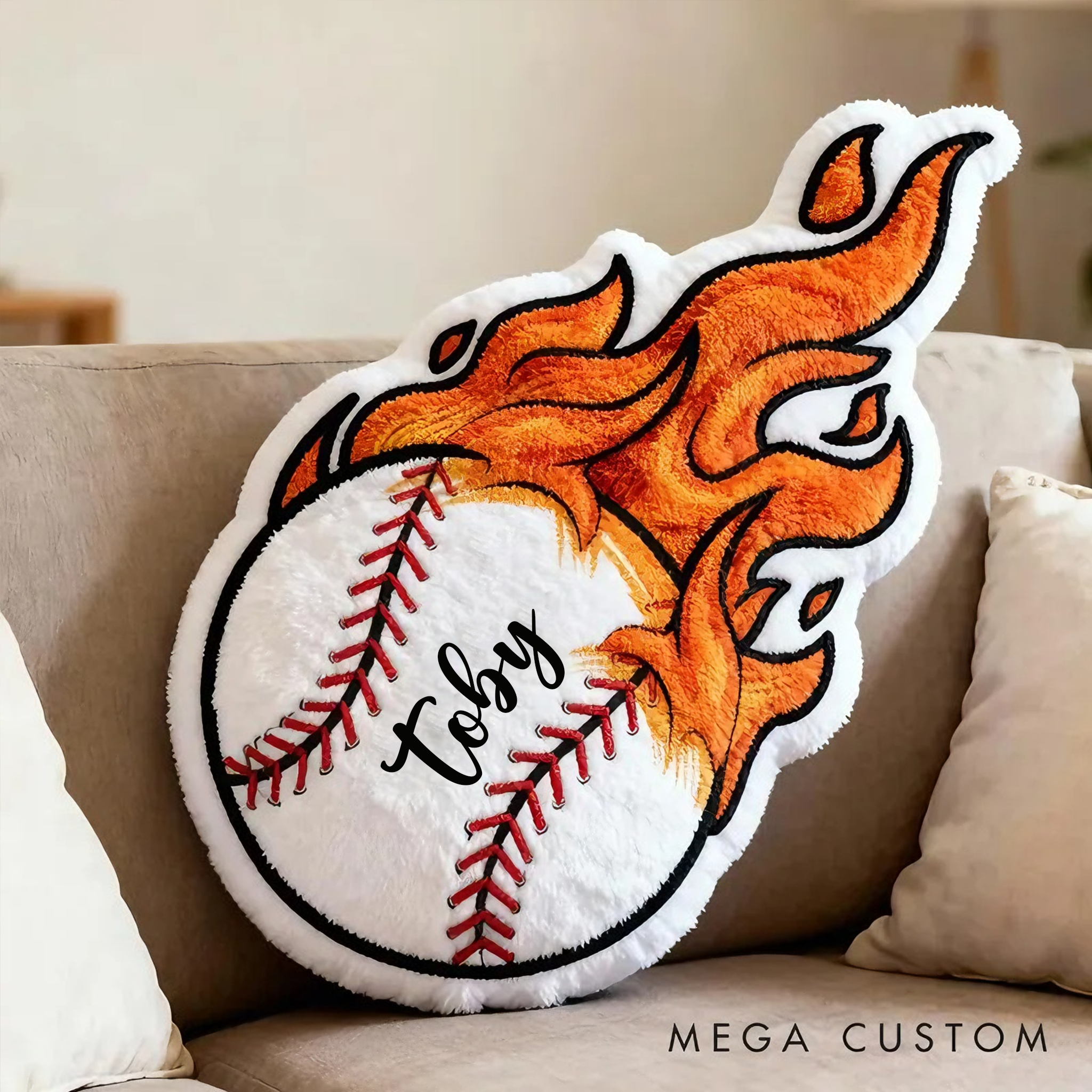 Personalized Baseball Flame Pillow with Custom Name for Sports Lovers and Kids