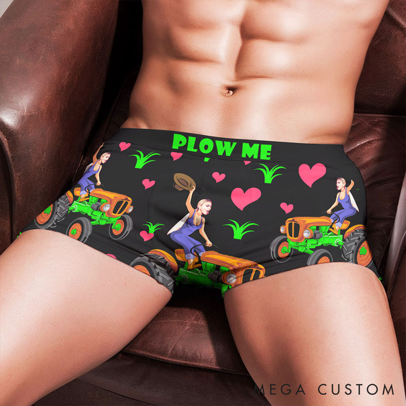 Personalized Girlfriend Wife Face Farmer Men Plow Me Boxer Briefs Men Underwear with Woman Face Photo Valentines Day Gift for Boyfriend Husband
