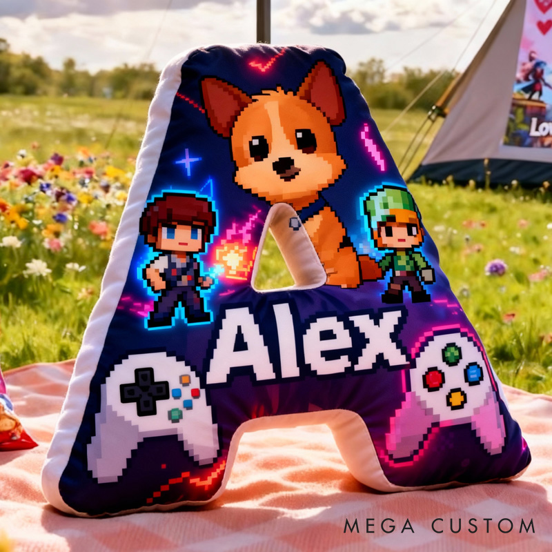 Personalized Game Controller Dog Pixel Letter Pillow with Your Name and Photo Perfect Gift for Gamers and Kids