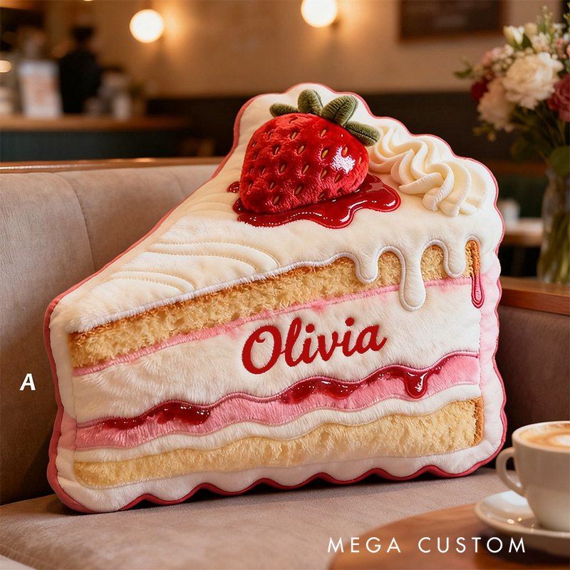Personalized Strawberry Cake Slice Custom Name Soft Decorative Gift Sweet Bakery Style Cozy Home Dessert Pink Lovely Fun Magic Graphic 3D Print Pillow