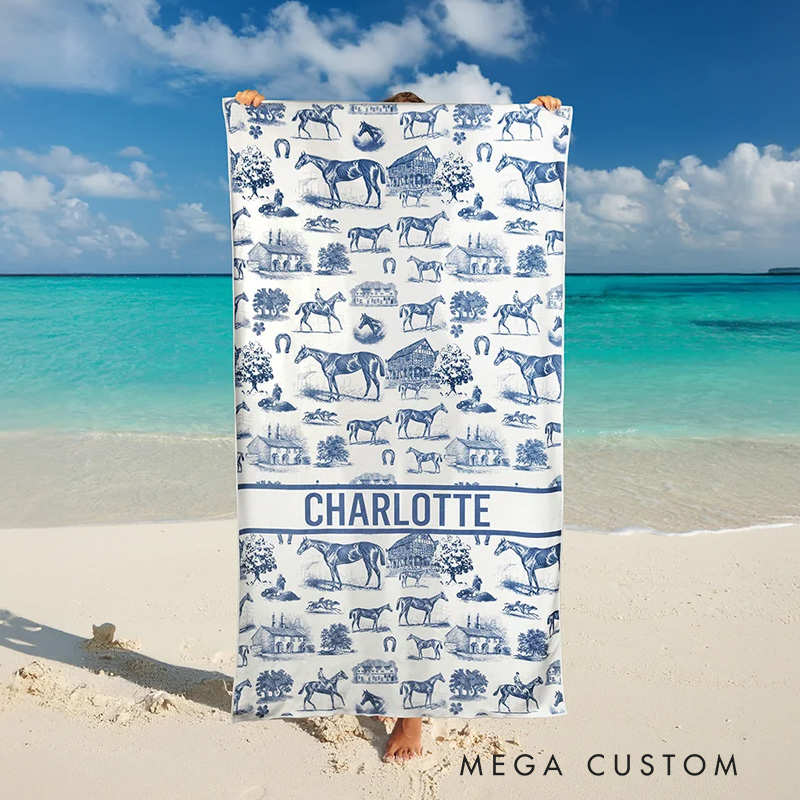 Personalized Horse Theme Soft Quick Dry Sport Towel Beach Towel with Text Gym Pool Essentials Birthday Gift for Equestrian Enthusiasts Riding Lovers