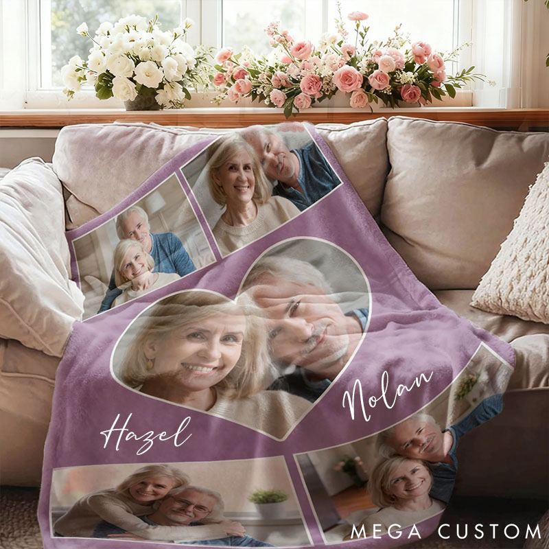 Personalized Heart Couple Photos Soft Throw Blanket Valentine's Day Anniversary Gift for Couple Custom Photo Collage Blanket for Couple