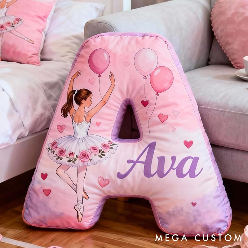 Personalized Ballet Dancers Hearts and Balloons Letter Pillow with Name Soft Stuffed Toy for Kids and Lover Unique Decorative Cushion for Girls' Room for Valentine's Day Anniversary