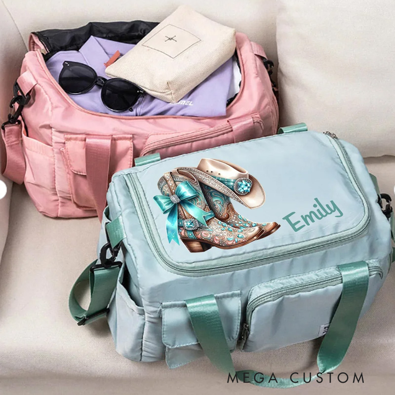 Personalized Vintage Jewelry Cowboy Boots Multi Compartment Large Travel Bag with Name and Shoulder Strap Travel Birthday Gift for Women Cowgirls Riding Lovers Equestrian Lovers