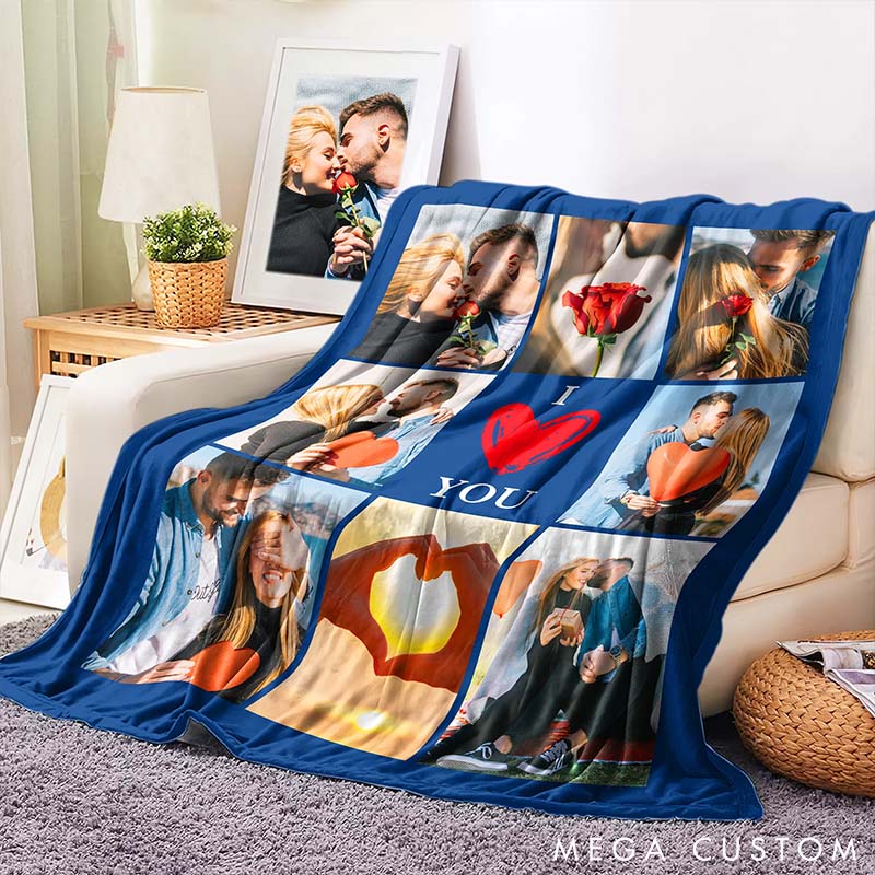 Personalized I Love You Photos Collage Soft Throw Blanket Custom Home Decor Blanket for Couples Valentine's Day Anniversary Gift Blanket