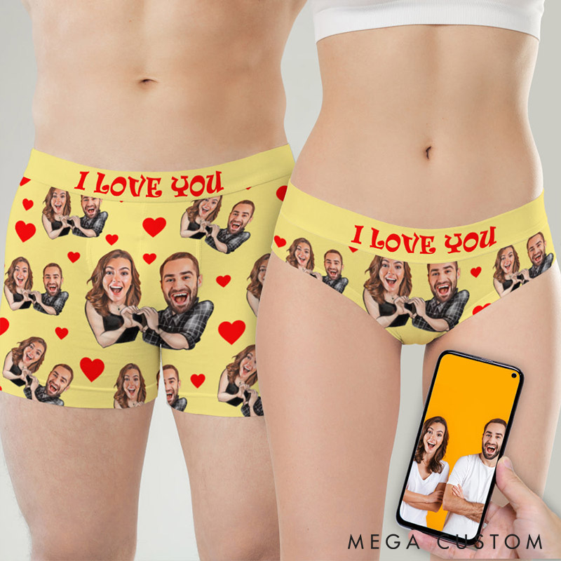 Personalized Couple Face Matching Boxer Brief Men Women Compare Heart Underwear with Couple Face Photo Anniversary Valentines Day Gift for Him Her