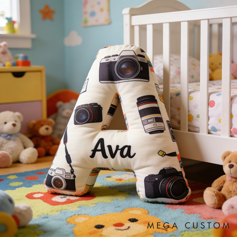Personalized Camera Letter Pillow with Your Own Name and Initials Soft Stuffed Toy for Kids and Photographers Unique Decorative Cushion for Room and Studio