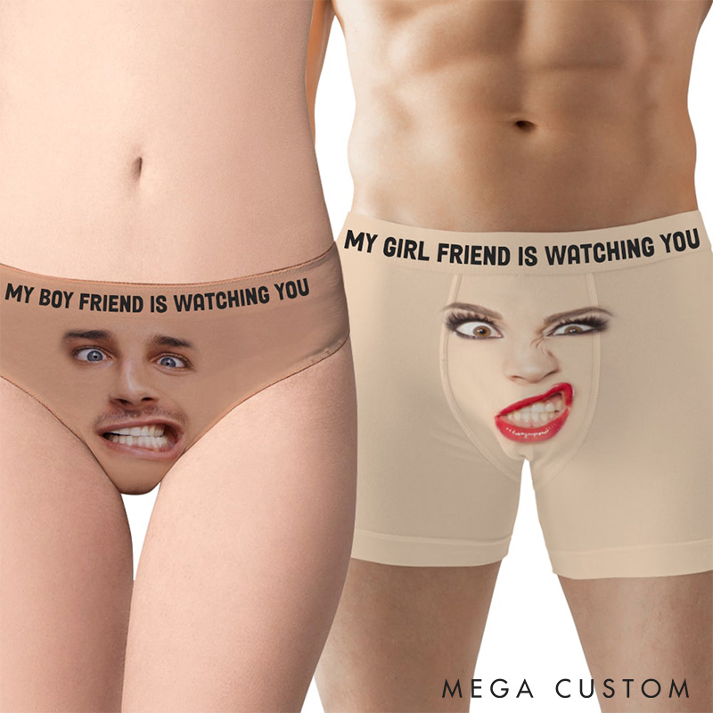 Personalized Couple Face Matching Boxer Brief Men Women Watching You Underwear with Couple Face Photo Anniversary Valentines Day Gift for Him Her