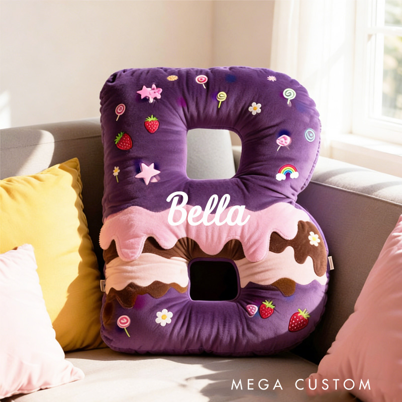 Personalized Donut Cookie Letter Pillow Purple Graphic 3D Print Throw Pillow with Custom Name for Kids Christmas Cookie Baker Christmas Gift Baking Lover