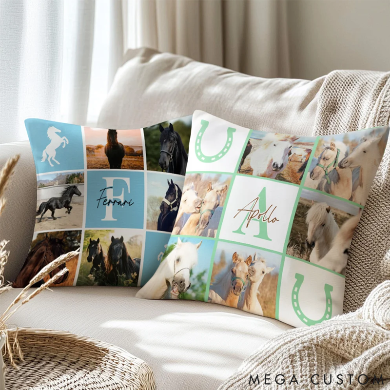 Personalized Pet Lover ine-Square Grid Photo Collages Horseshoe Throw Pillows