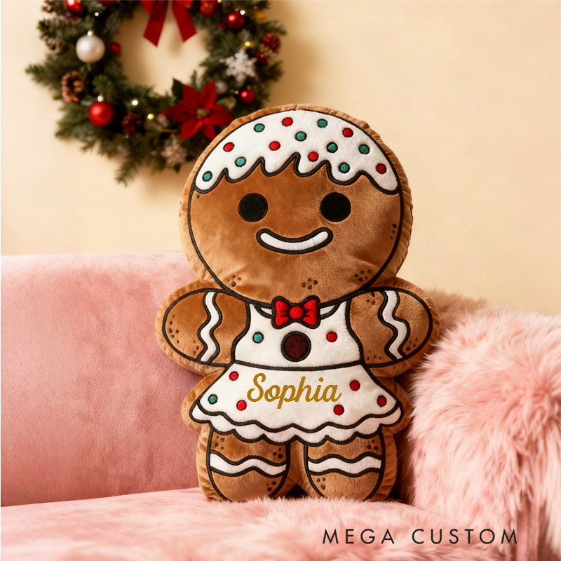 Personalized Gingerbread Man Throw Pillow Graphic 3D Print Christmas Pillow with Name for Kids Boys Girls Family Baker Gift 