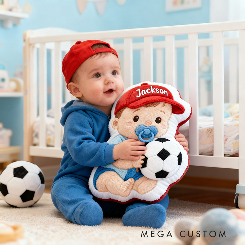 Personalized Baby Boy Name Custom Kids Gift Cute Red Hat Balls Blue Outfit Soft Playful Decorative Graphic 3D Print Pillow